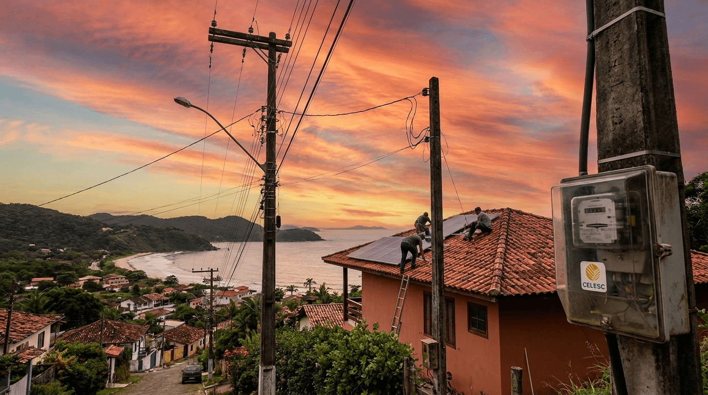 Conta de luz da CELESC ao lado de painéis solares, simbolizando a cobrança do Fio B da Lei 14.300
