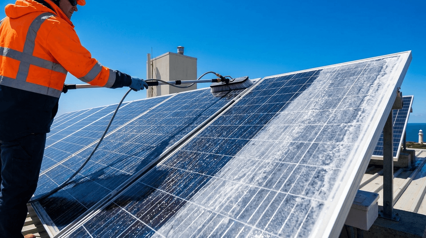 Técnico limpando painéis solares em telhado no litoral de Santa Catarina, com o mar ao fundo