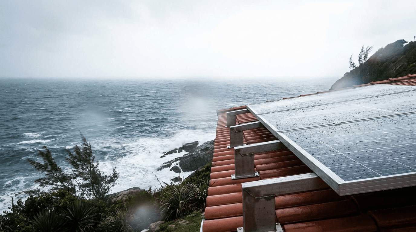 Painéis solares em telhado à beira-mar em Imbituba, com ondas ao fundo