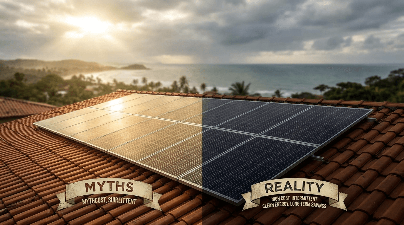 Telhado residencial com painéis solares sob céu parcialmente nublado no litoral catarinense