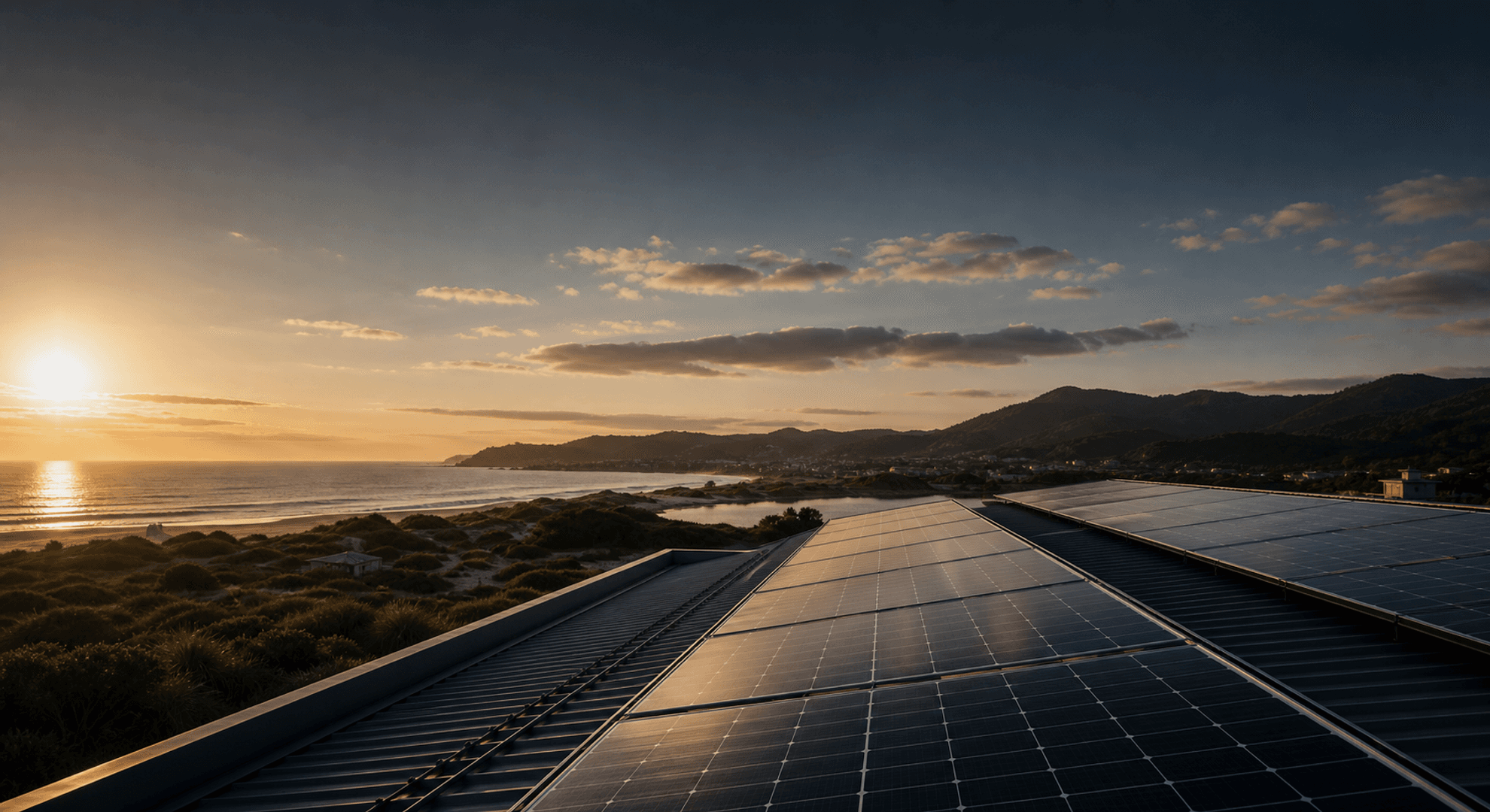 Sistema fotovoltaico instalado em telhado com vista para o litoral de Imbituba ao pôr do sol