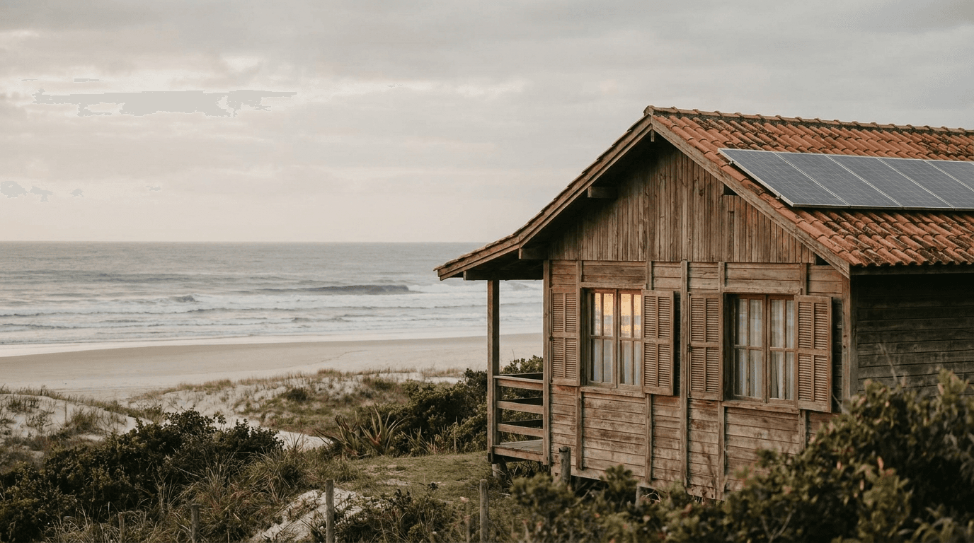 Casa de praia com painéis solares no telhado e mar ao fundo no litoral de Imbituba