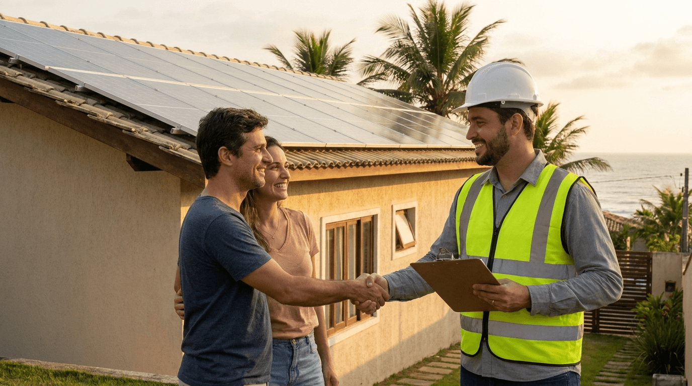 Engenheiro conferindo projeto de energia solar com cliente em frente a uma casa no litoral