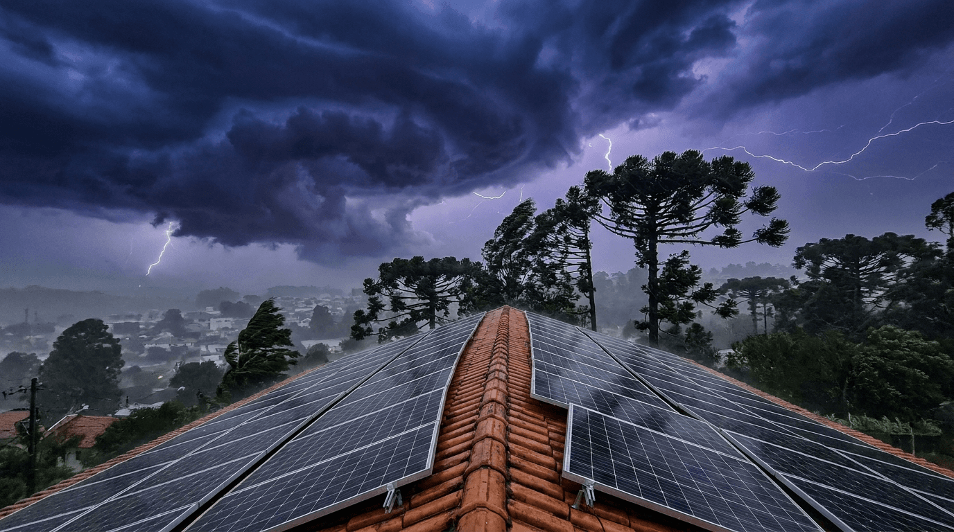 Céu carregado de tempestade sobre telhado com painéis solares no litoral de Santa Catarina
