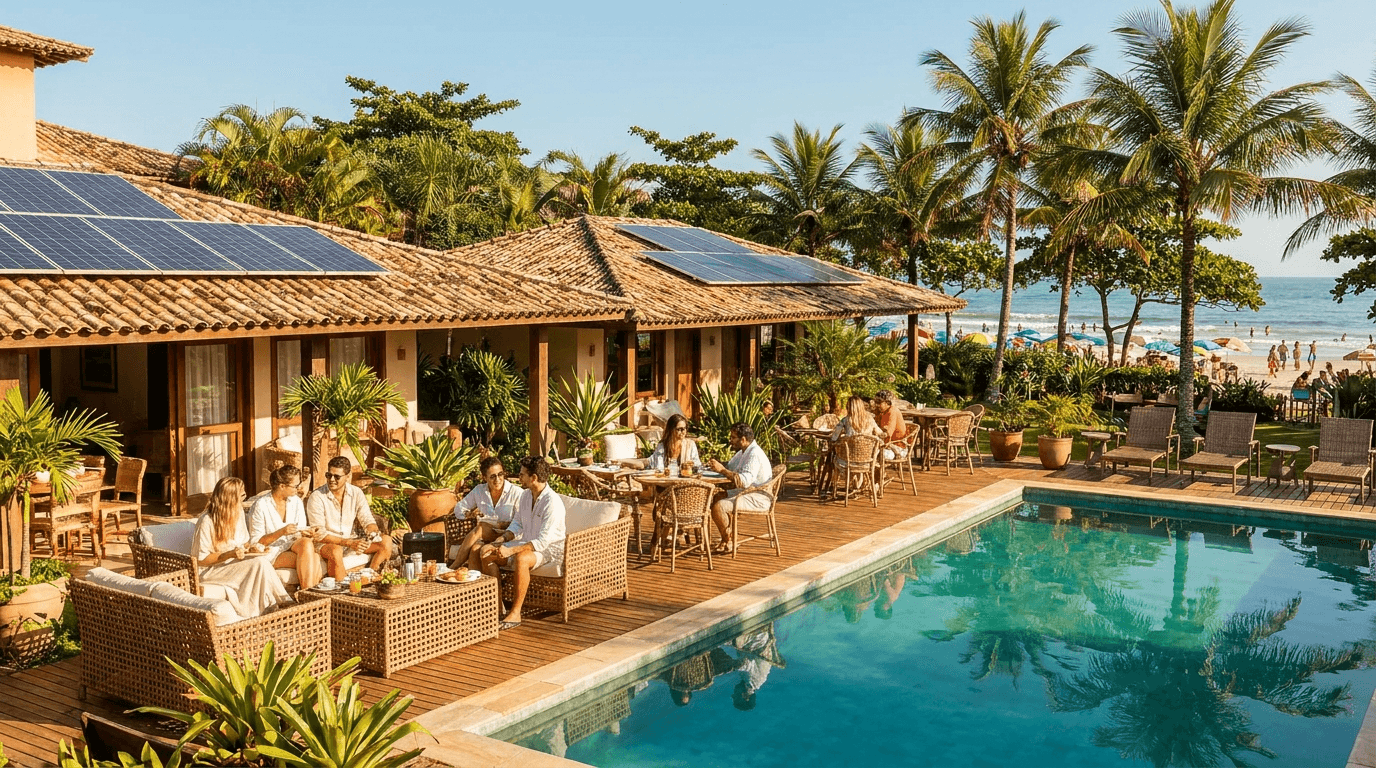 Pousada no litoral catarinense com painéis solares no telhado em dia de verão