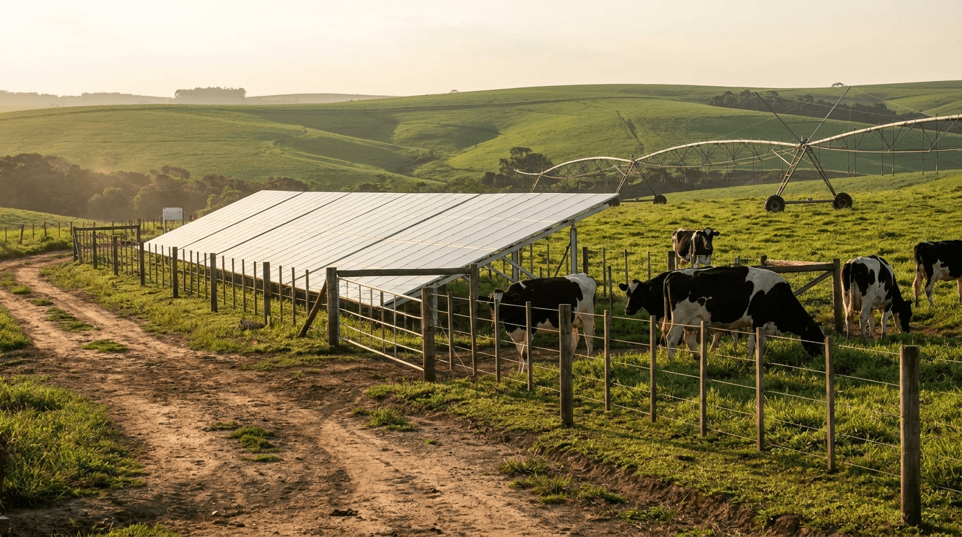 Propriedade rural no sul de Santa Catarina com painéis solares instalados em solo
