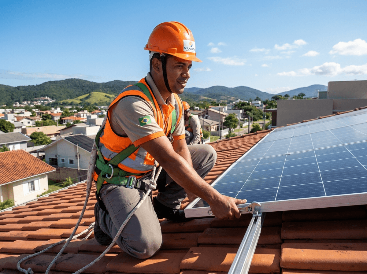 Equipe técnica da Engenharia do Sol em instalação de sistema fotovoltaico